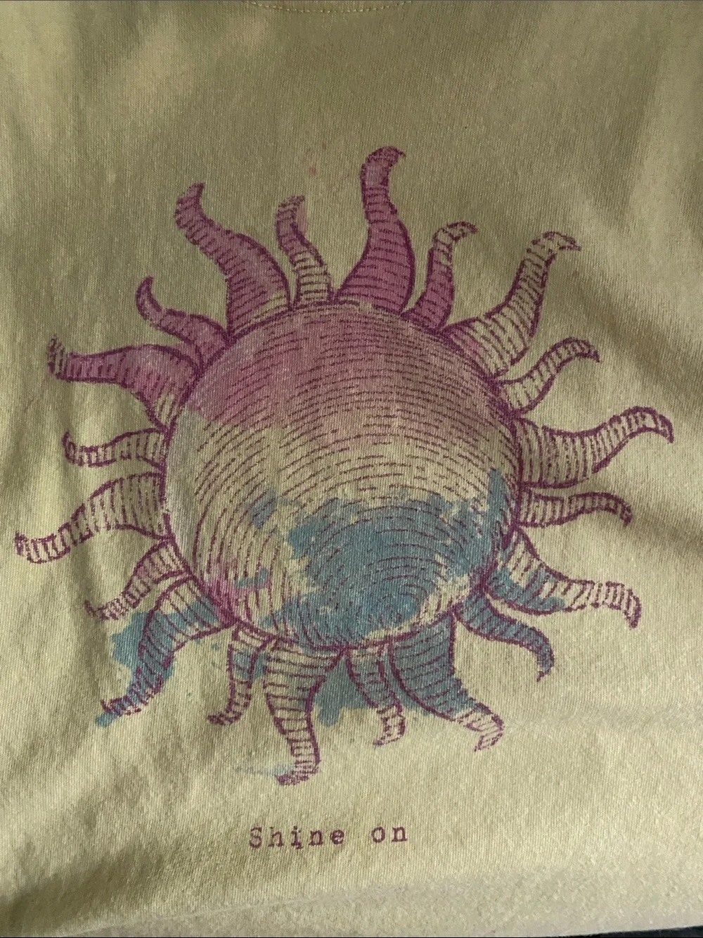 Life Is Good Pale Yellow Short Sleeve Tee with Pink and Blue Sun Graphic - Picture 3 of 5